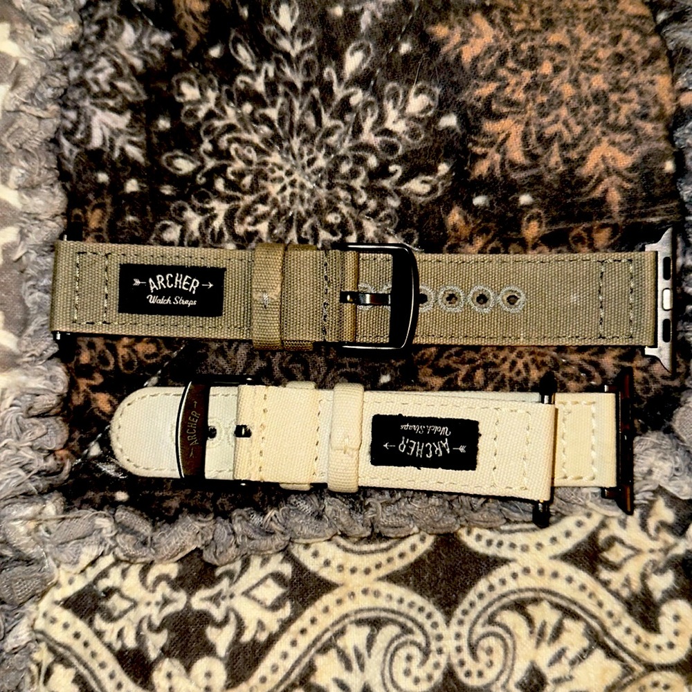 Set of two archer watch straps, canvas, material, gray, and white